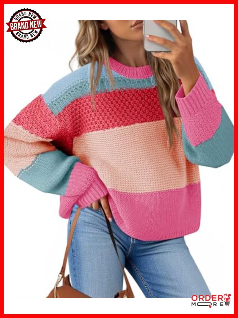 Cropped Color Block Sweater Oversized Striped Pullover Crew Neck